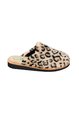 Zapatilla suave de poner con parte superior de piel sintética de estampado de leopardo y suela de goma negra, diseñada para la comodidad en interiores.