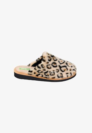Zapatilla suave de poner con parte superior de piel sintética de estampado de leopardo y suela de goma negra, diseñada para la comodidad en interiores.