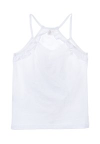Top bianco senza maniche con sottili spalline a spaghetti, caratterizzato da dettagli arricciati lungo il décolleté e un orlo dritto. Realizzato in tessuto morbido e leggero.