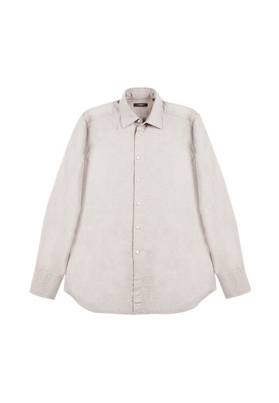 Lichtbeige lange mouwen shirt van linnen. Heeft een button-down kraag en een rechte zoom met een subtiele textuur. Zes knopen aan de voorkant.