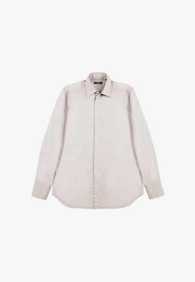 Lichtbeige lange mouwen shirt van linnen. Heeft een button-down kraag en een rechte zoom met een subtiele textuur. Zes knopen aan de voorkant.