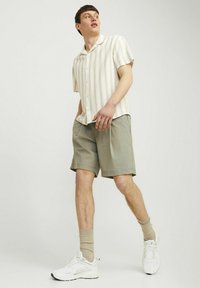 Chemise à manches courtes à rayures claires, crème avec des rayures pastel, assortie à un short vert olive et des chaussures de sport blanches avec des chaussettes assorties.