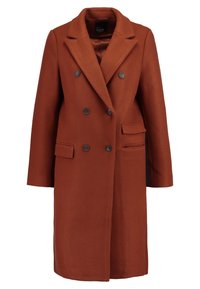 Brun uldblanding dobbeltstående frakk med store spidse lapels, sorte knapper og to frontlommer. Glat indvendig foring.