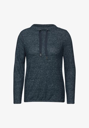 Pullover hoodie in donker marineblauw, gemaakt van zacht stof. Bevat lange mouwen, een ronde halslijn en koordjes met metalen tips.