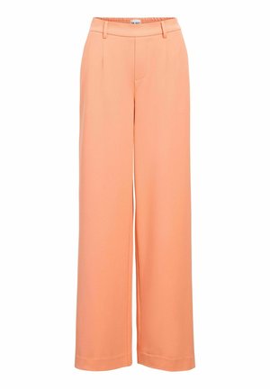 Wijdvallende broek in perzikkleurige stof, met een gladde textuur, een flatte voorkant met plooien en een elastische tailleband voor comfort.