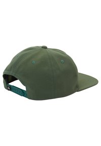 Green cap with a flat brim, made of fabric with subtle texture, featuring contrasting blue stitching and an adjustable strap at the back.