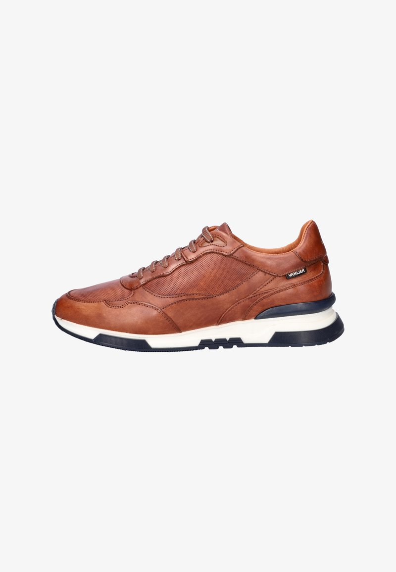 Brown leather sneaker with lace-up closure, black and white sole, and "VANLIER" label near the heel, shown from the side.
