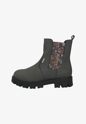Matte dark gray ankle boot with chunky black sole and floral fabric elastic side panel, featuring pull tab and small brand tag on side.
