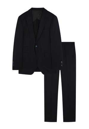 Marineblauer Anzug mit einem zweiknöpfigen Blazer mit Revers, Seitentaschen und passender, taillierter Hose. Hergestellt aus glattem, gewebtem Stoff.