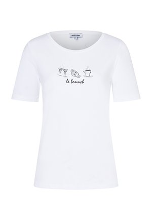 White short-sleeve t-shirt with a round neckline featuring black printed graphics of drinks, a croissant, and text reading "le brunch."