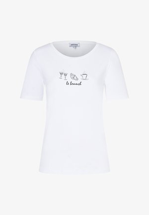 White short-sleeve t-shirt with a round neckline featuring black printed graphics of drinks, a croissant, and text reading "le brunch."
