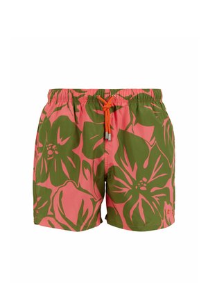 Bunte Badehosen mit einem rosa und grünen Blumenmuster, elastischem Bund und orangen Kordelzug. Hergestellt aus leichtem Material.