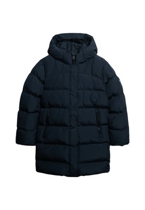 Marineblaue Steppjacke mit Kapuze, Reißverschluss vorne, horizontalen Steppnähten und zwei Reißverschlusstaschen an den Seiten. Glattes, dickes Material.
