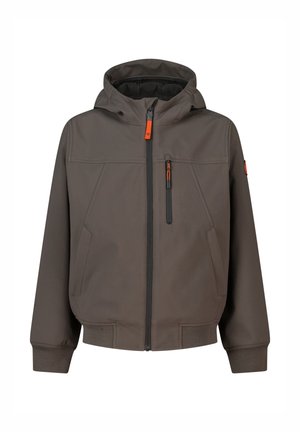 Veste marron à capuche avec fermeture éclair frontale, poches latérales et poche poitrine zippée avec curseurs orange.