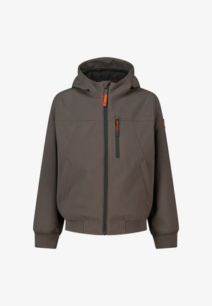 Bruine capuchonjas met rits aan de voorkant, zijzakken en een borstzak met rits en oranje ritslipjes.