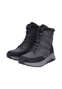 Szare i czarne botki za kostkę wykonane z materiałów syntetycznych, z futrzanym kołnierzem, wzmocnionym czubkiem i teksturowanymi akcentami. Sznurowany fason.