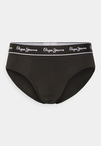 Schwarze Baumwollslips mit einem kontrastierenden elastischen Bund, der mit weißen "Pepe Jeans"-Buchstaben und dekorativen Nähten verziert ist.