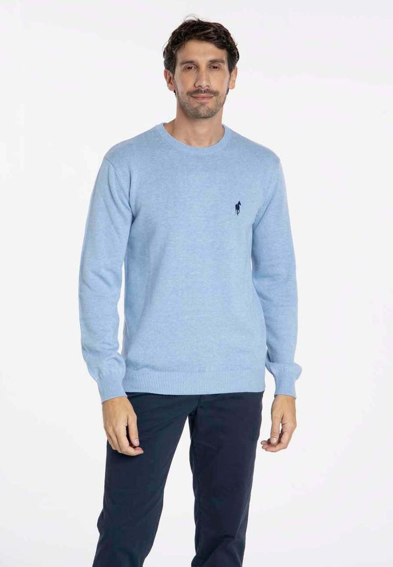 Pull en tricot bleu clair avec un col rond, des poignets et un ourlet côtelés, présentant un petit logo marine sur la poitrine gauche. Associé à un pantalon foncé.