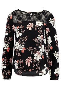 Blouse noire à manches longues, imprimé floral en blanc et rose. Panneau en dentelle au niveau du col. Tissu doux, ourlet arrondi et texture légère.