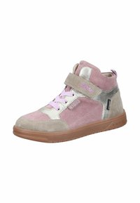 Pink and silver high-top shoe featuring suede and corduroy textures, lace and Velcro closure, rubber sole, and the brand name "Richter."