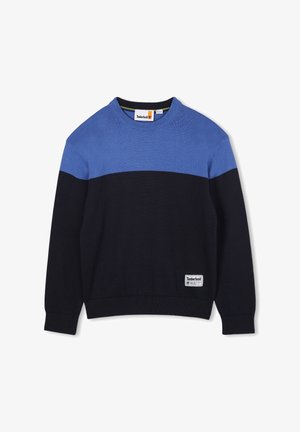 Blauw en marineblauw kleurgeblockeerde trui, gebreide stof, ronde hals, ribgebreide manchetten en zoom, met het Timberland-logo op de onderste voorkant.