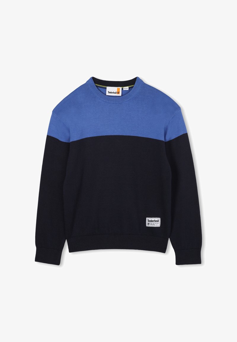 Maglione color block blu e navy, in tessuto lavorato a maglia, con colletto rotondo, polsini e orlo a coste, presenta un'etichetta con il logo Timberland sulla parte anteriore inferiore.