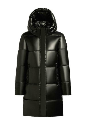Black puffer coat with a high collar and hood. Glossy finish, quilted design with square sections, zip pockets on the sides.