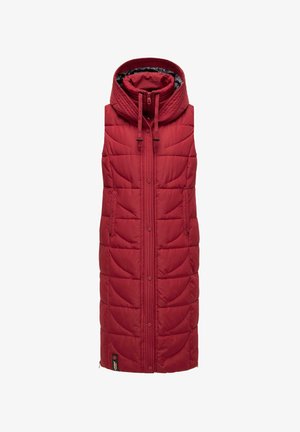 Rote wattierte ärmellose Weste mit hohem Kragen, Reißverschluss und Druckknopfverschluss, Seitentaschen und gestepptem Muster. Das Futter hat ein kontrastierendes Muster.