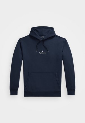 Felpa blu navale con tasca frontale, cappuccio regolabile con cordino e piccolo logo bianco di Ralph Lauren centrato sul petto.