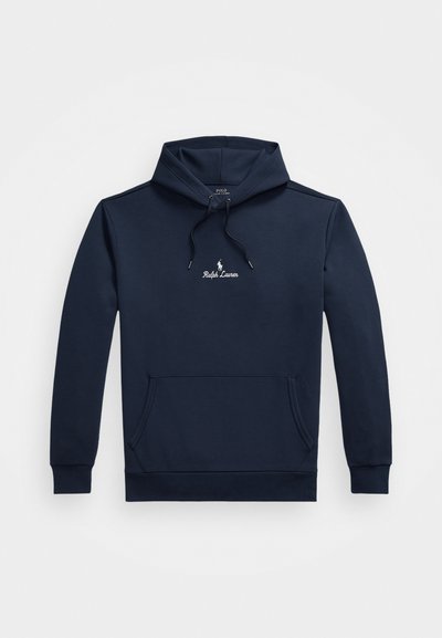 Felpa blu navale con tasca frontale, cappuccio regolabile con cordino e piccolo logo bianco di Ralph Lauren centrato sul petto.
