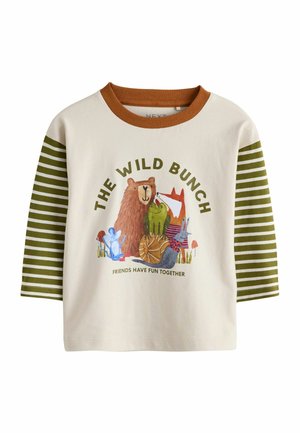 Langærmet cremefarvet skjorte med grønne og hvide stribede ærmer, brun krave, med tegneseriefigurer og tekst "The Wild Bunch Friends Have Fun Together".