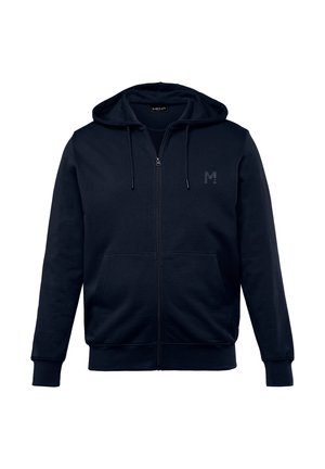 Schwarzer Kapuzenpullover mit Reißverschluss, Fronttaschen, Kordelzug an der Kapuze und dezentem "M+" Logo auf der linken Brust.