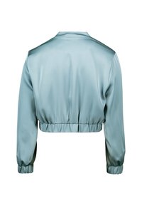 Gekürzte Bomberjacke aus hellblauem Satin mit langen Ärmeln, elastischen Bündchen und gesammeltem Saum. Glatte Textur ohne zusätzliche Details.