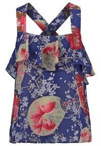 Blå ärmlös topp med korsade axelremmar, med rosa guldfiskar och vitt körsbärsblomstryktur samt volangkrage.