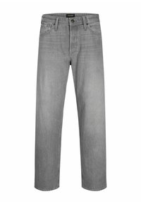 Jeans en denim gris avec une coupe droite, style cinq poches et fermeture à bouton, présentant des dégradés subtils et des accents de couture.