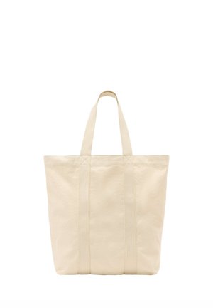 Beige lærredstaske med dobbelte håndtag og lodrette sømdetaljer, rektangulær form, stående oprejst på en hvid baggrund.