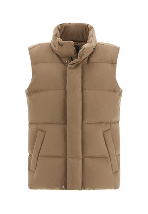 Gevoerde mouwloze vest in een lichtbruine kleur, met een hoge kraag, een sluiting met drukknopen aan de voorkant en zijzakken met een zachte textuur.