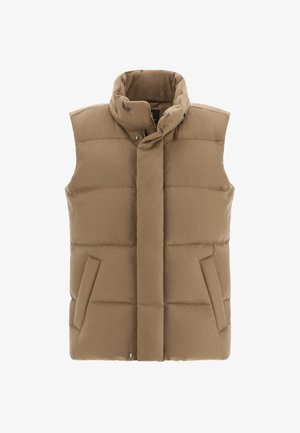 Pružný bezrukávový vest v světle hnědé barvě, s vysokým límcem, předním zapínáním na patentky a bočními kapsami s měkkou texturou.