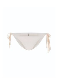 Light beige bikini bottom made of soft fabric, featuring adjustable tie sides and a minimal design with subtle stitching details.