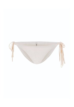 Light beige bikini bottom made of soft fabric, featuring adjustable tie sides and a minimal design with subtle stitching details.