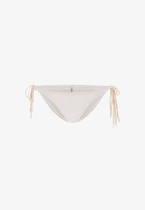 Bas de bikini beige clair en tissu doux, avec des côtés ajustables à nouer et un design minimaliste agrémenté de détails de surpiqûre discrets.
