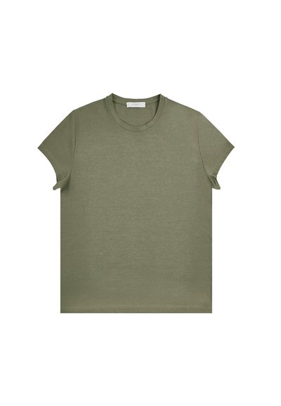 Oliwkowy T-shirt z krótkim rękawem, okrągłym dekoltem, wykonany z miękkiej bawełny, z luźnym krojem i bez widocznych wzorów lub akcentów.