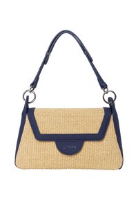 Borsa a mano con corpo in paglia intrecciata e accenti in pelle sintetica blu navy. Presenta una forma strutturata, manico arrotondato e chiusura magnetica.