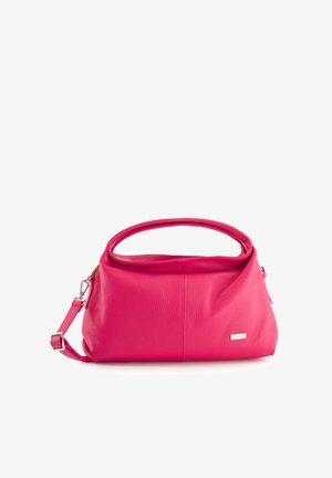 Rosa Lederhandtasche mit strukturierter Form, ausgestattet mit einem Handgriff und einem abnehmbaren Schulterriemen. Texturierte Oberfläche mit subtilen Nahtdetails.