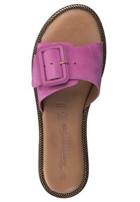 Rosa mocka slide-sandal med en bred rem, rektangulär spänne-detalj och rund tå. Har en ljusbrun fotbädd och flätad sula. Storlek 37.