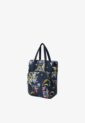 Sac fourre-tout noir avec motif floral, doubles longues poignées, poche avant zippée, et patch logo de la marque en haut au centre.