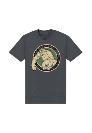 Mørkegrå t-shirt med en råbende King Kong illustration inde i en cirkulær ramme med tekst "The Great King Kong Legend of Skull Island."