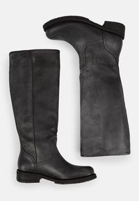 Botas de cuero negro hasta la rodilla con un acabado suave, punta redondeada, tacón bajo apilado y detalles de costura sutiles a lo largo del caño.