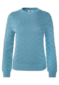 Pull en maille bleu clair, présentant un motif texturé de carrés, manches longues, col rond et ourlet côtelés. Matière douce de poids moyen.