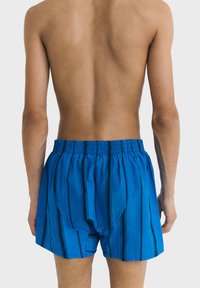 Boxer a righe blu con elastico in vita e vestibilità ampia, caratterizzati da strisce verticali nere e tessuto dalla texture liscia.